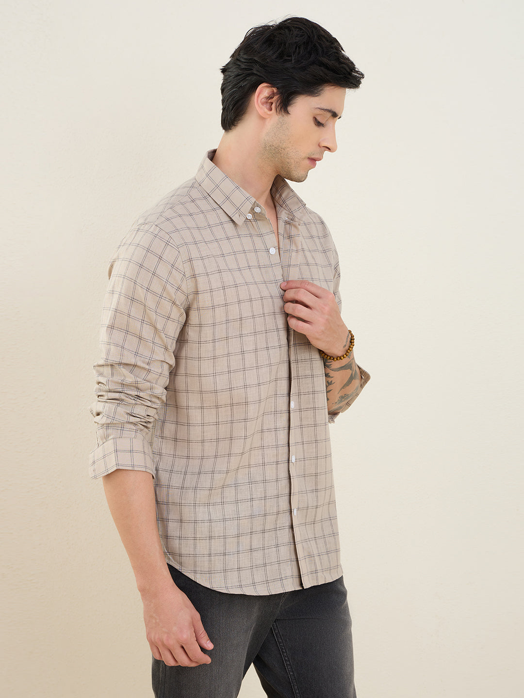 Men’s Beige Check Cotton Linen Slim Fit Casual Shirt | MARK & ALBERT