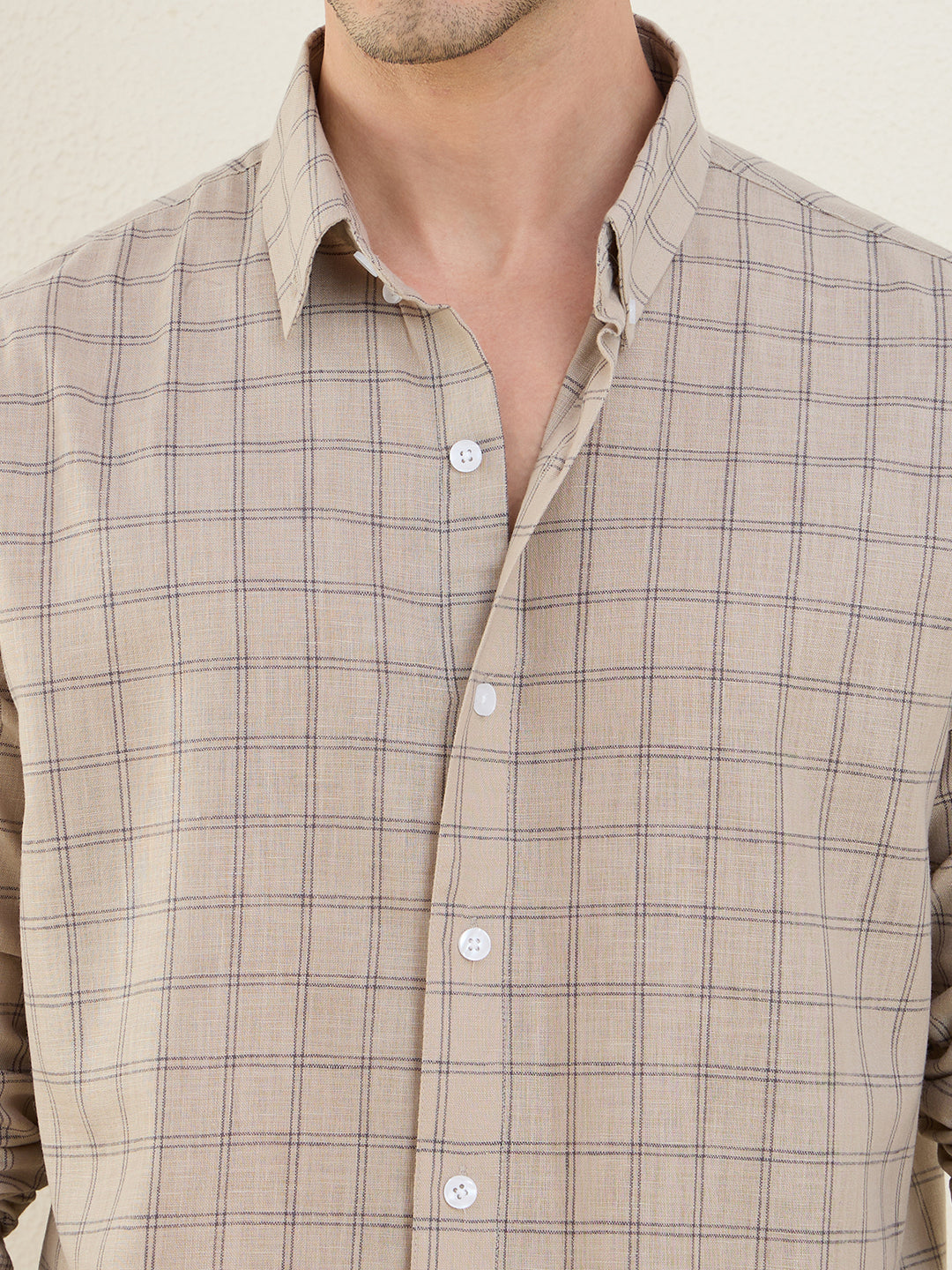 Men’s Beige Check Cotton Linen Slim Fit Casual Shirt | MARK & ALBERT