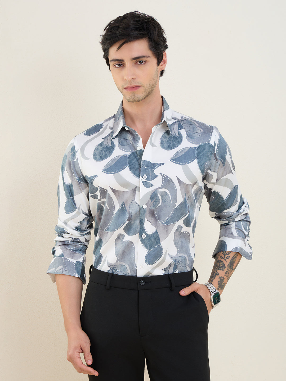 Men's Blue Abstract Printed Luxury Giza Cotton Slim Fit Shirt | MARK & ALBERT