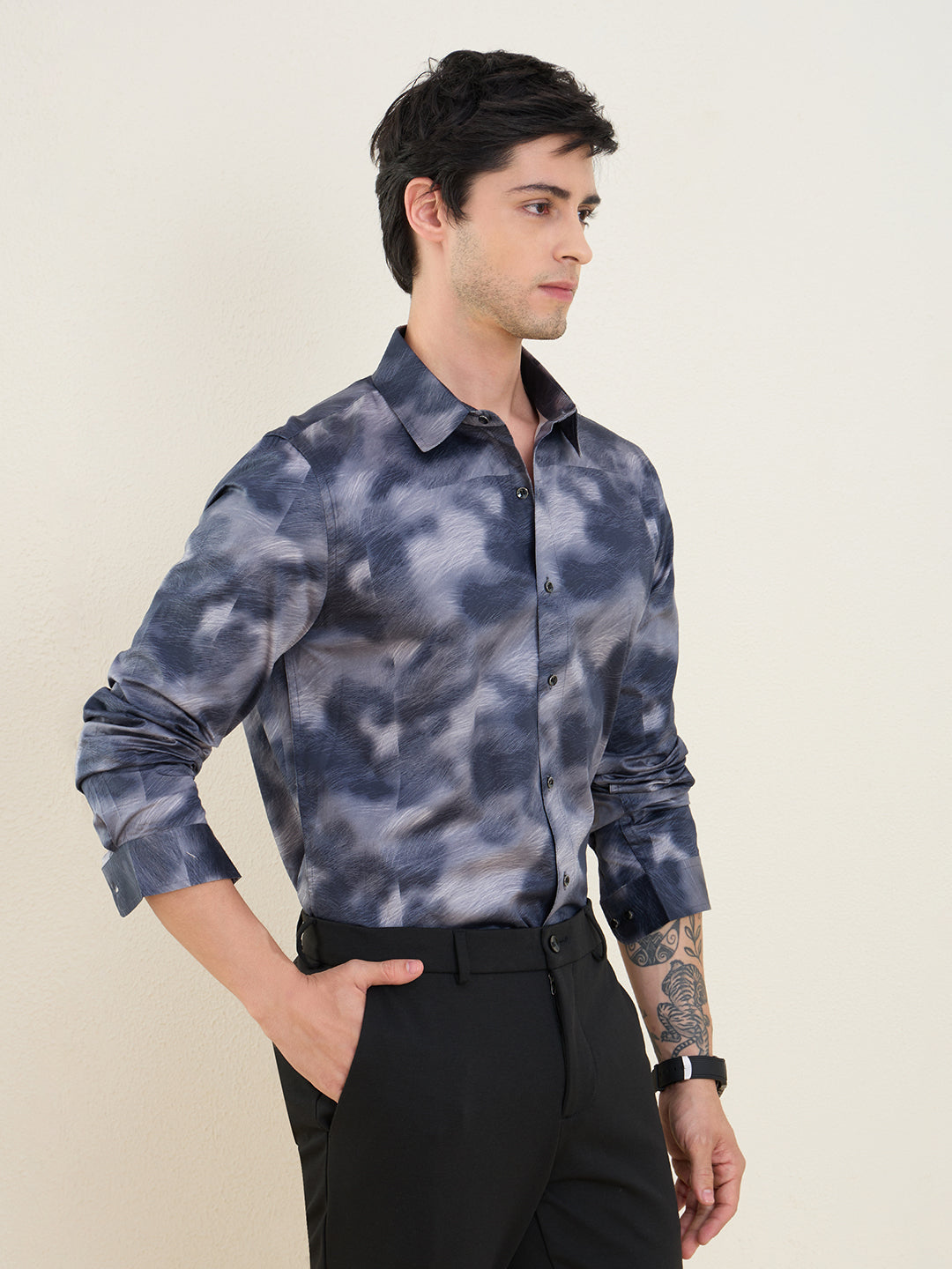 Men's Grey Printed Luxury Giza Cotton Slim Fit Shirt | MARK & ALBERT