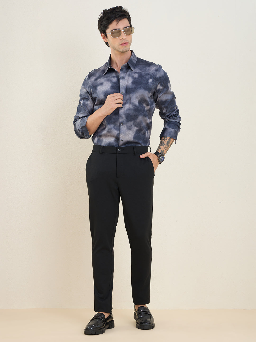 Men's Grey Printed Luxury Giza Cotton Slim Fit Shirt | MARK & ALBERT