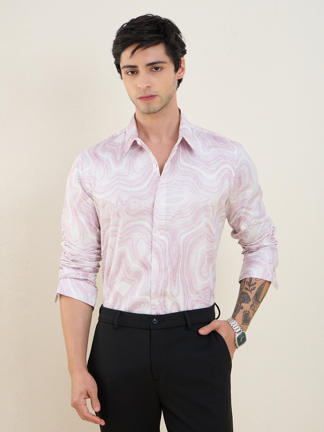 Men's Pink Marble Printed Luxury Giza Cotton Slim Fit Shirt | MARK & ALBERT