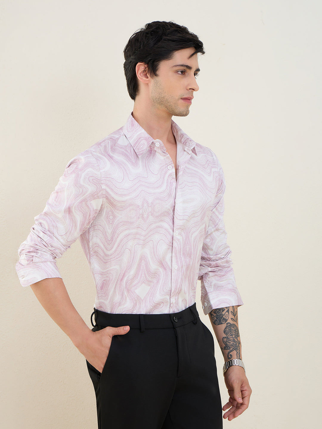 Men's Pink Marble Printed Luxury Giza Cotton Slim Fit Shirt | MARK & ALBERT