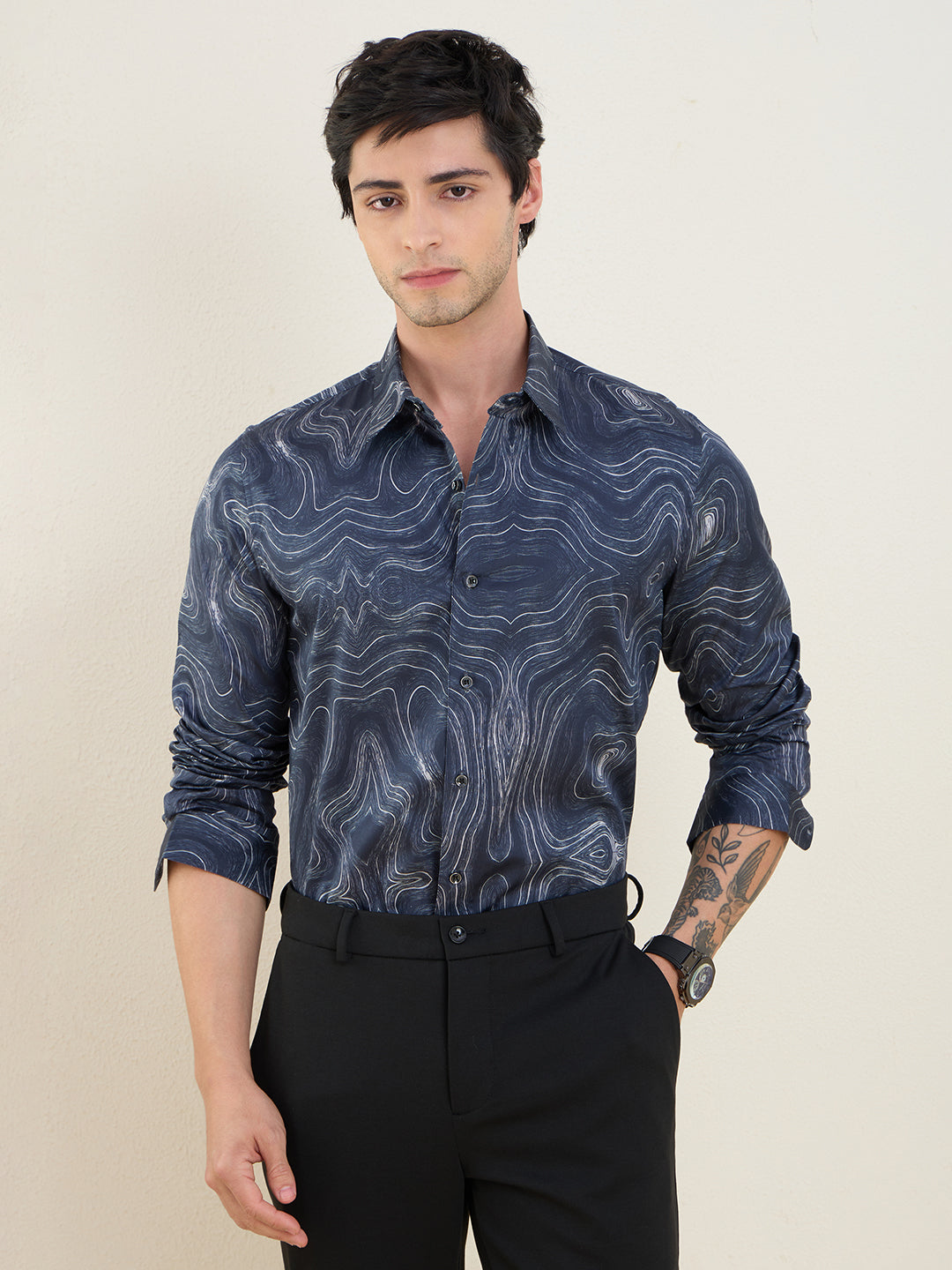 Men's Navy Printed Luxury Giza Cotton Slim Fit Shirt | MARK & ALBERT