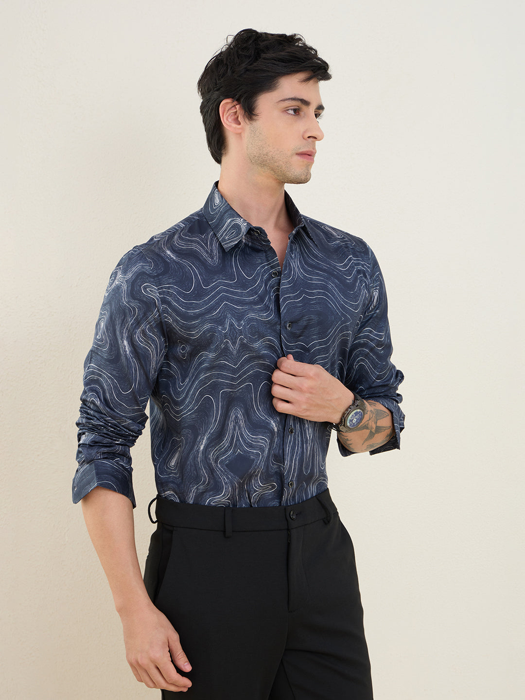 Men's Navy Printed Luxury Giza Cotton Slim Fit Shirt | MARK & ALBERT