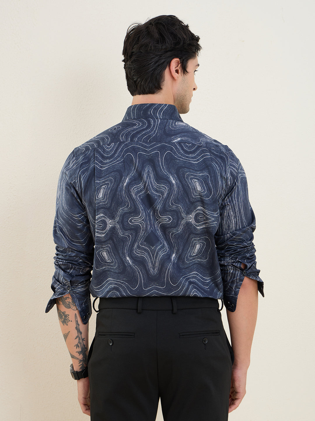Men's Navy Printed Luxury Giza Cotton Slim Fit Shirt | MARK & ALBERT