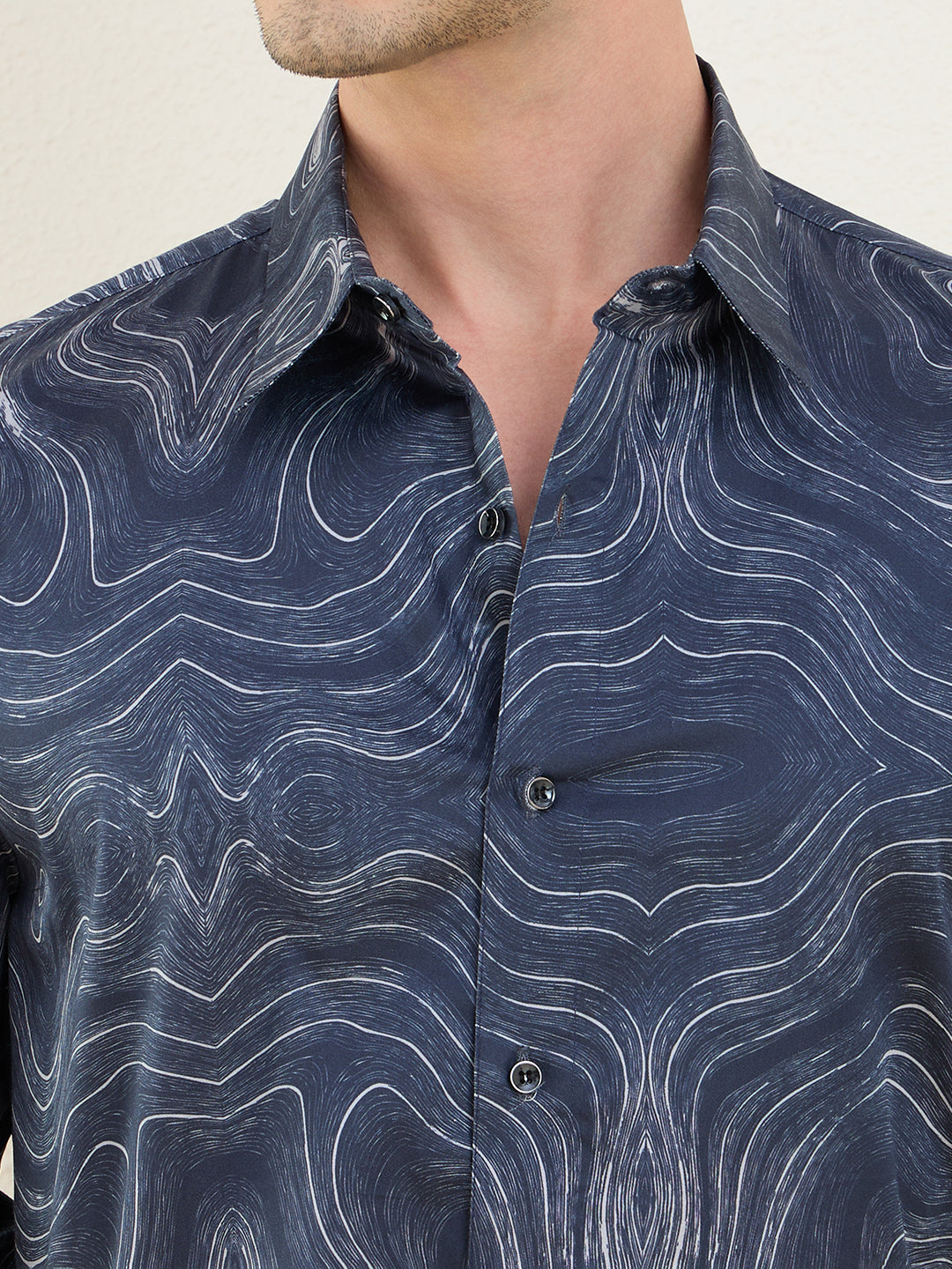 Men's Navy Printed Luxury Giza Cotton Slim Fit Shirt | MARK & ALBERT