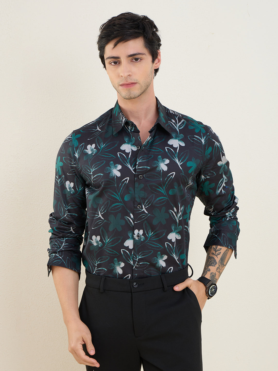 Men's Dark Floral Printed Luxury Giza Cotton Slim Fit Shirt | MARK & ALBERT