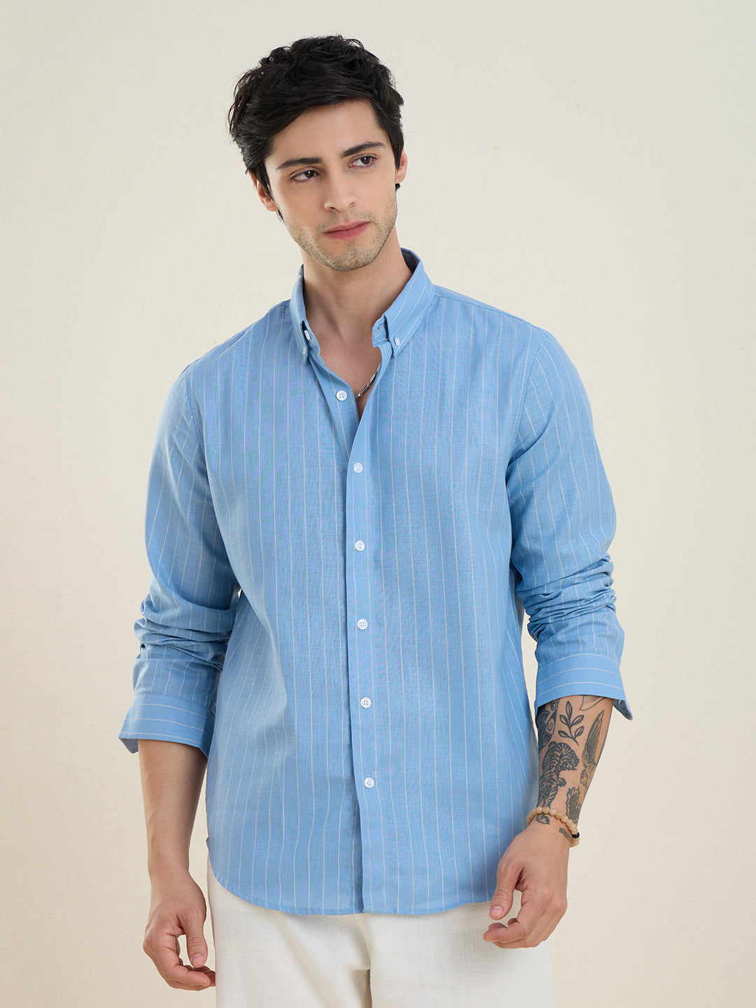 Men’s Sky-Blue Striped Cotton Linen Slim Fit Casual Shirt | MARK & ALBERT