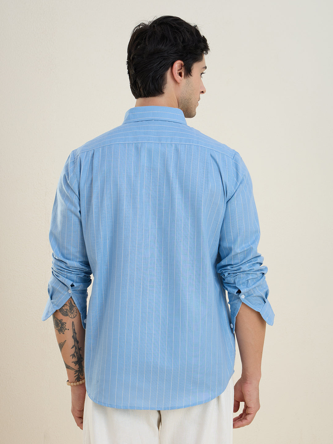 Men’s Sky-Blue Striped Cotton Linen Slim Fit Casual Shirt | MARK & ALBERT