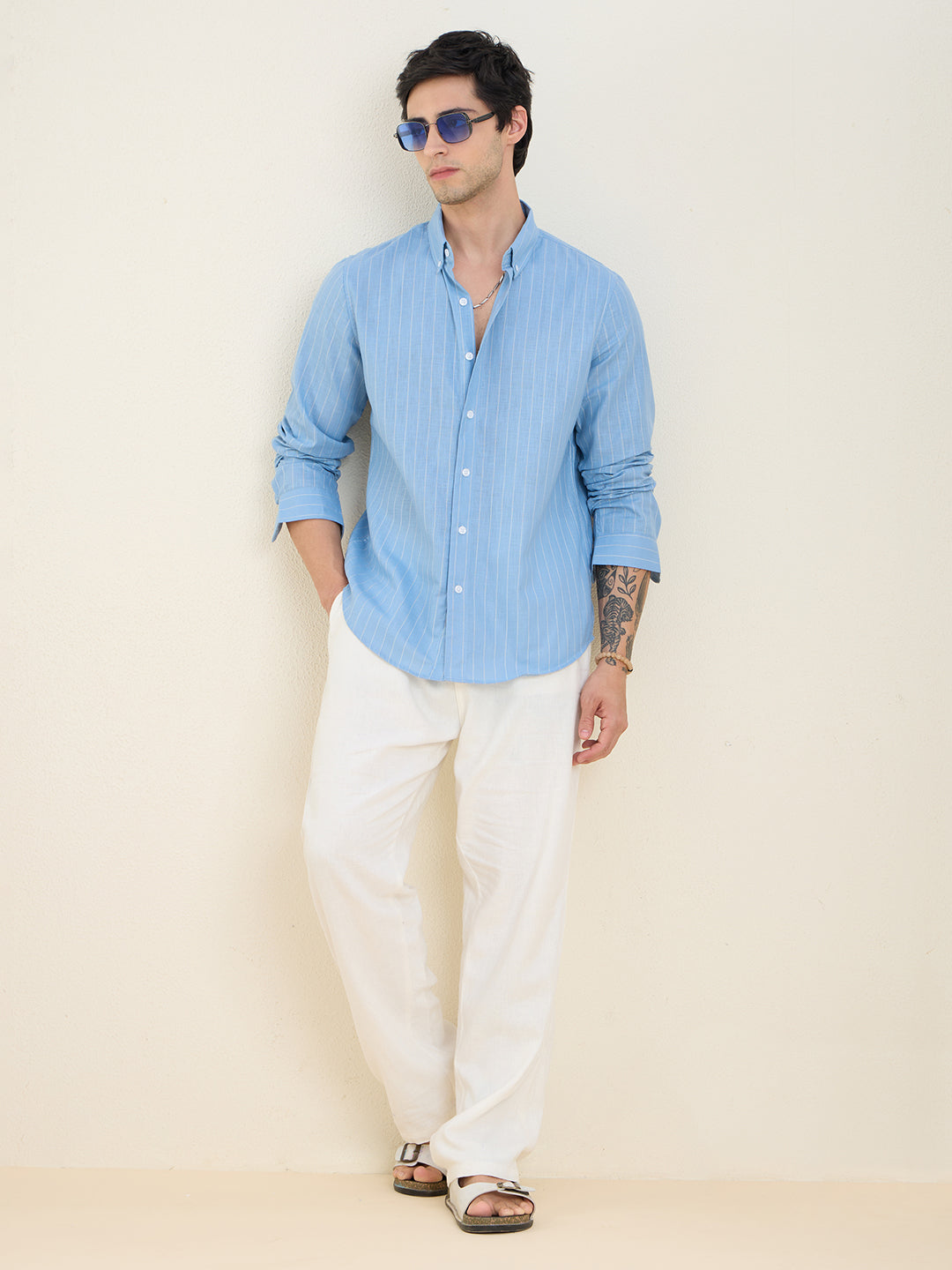 Men’s Sky-Blue Striped Cotton Linen Slim Fit Casual Shirt | MARK & ALBERT