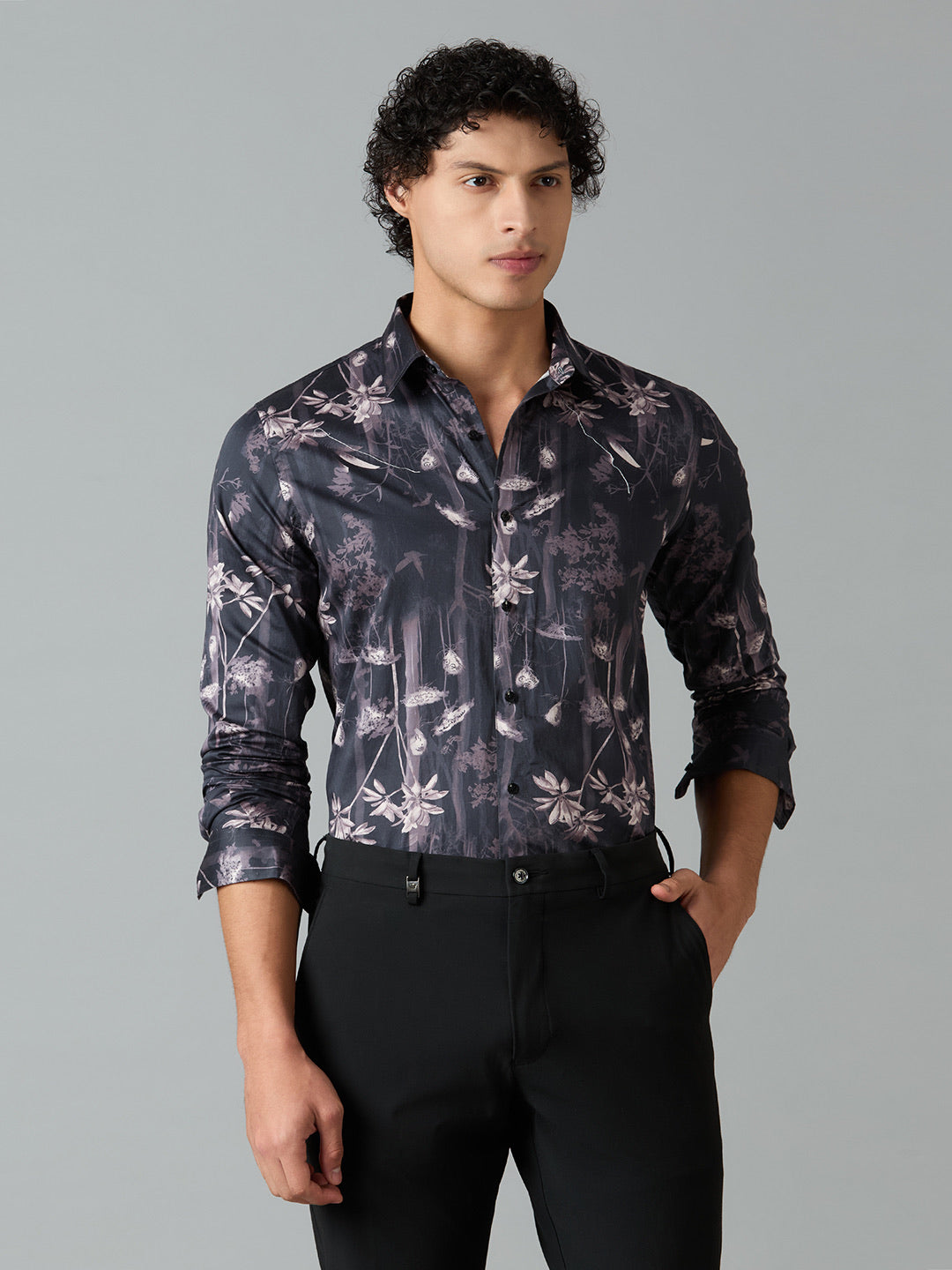 Men's Slim Fit Purple 100% Cotton Floral Printed Shirt | Mark & Albert