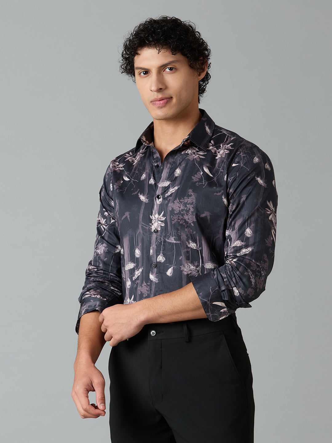 Men's Slim Fit Purple 100% Cotton Floral Printed Shirt | Mark & Albert