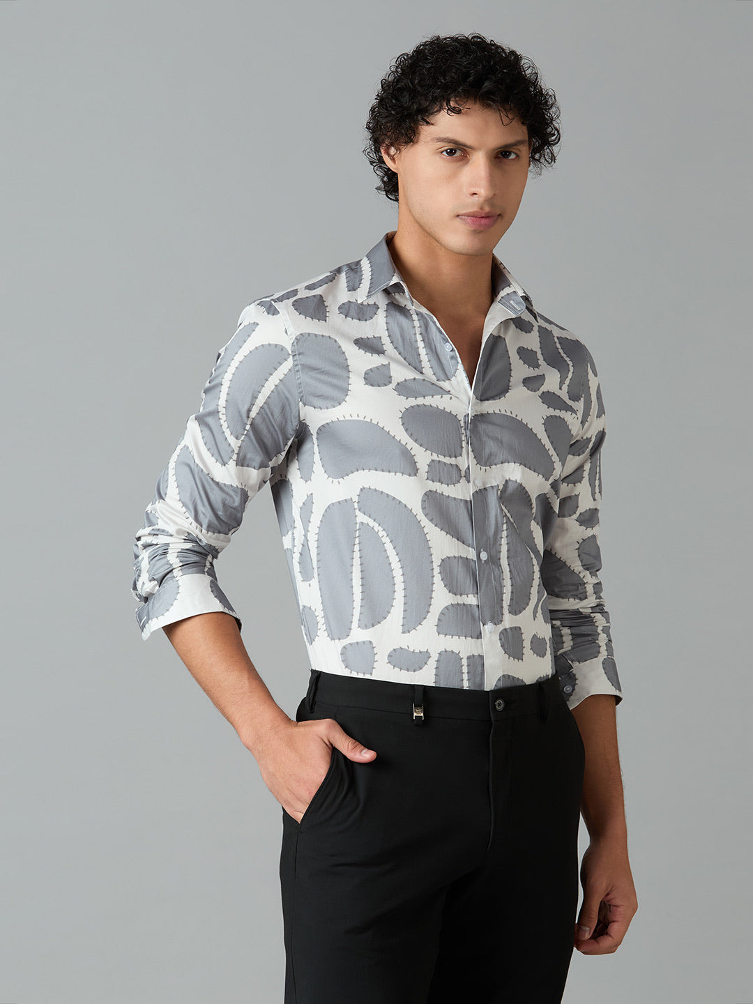 Men's Slim Fit Grey 100% Cotton Printed Shirt | Mark & Albert