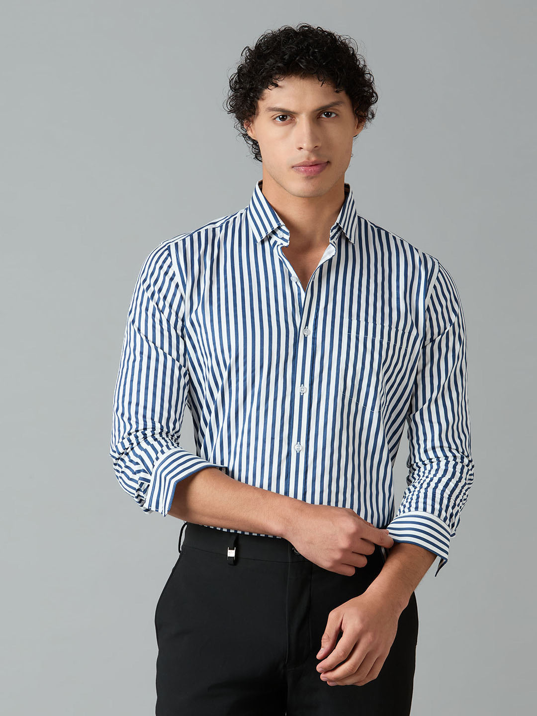 Men's Slim-Fit Blue 100% Cotton Striped Shirt | Mark & Albert