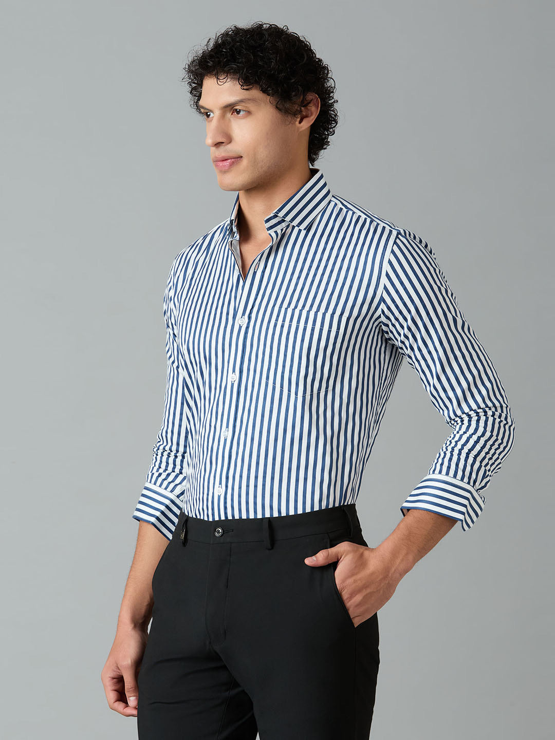 Men's Slim-Fit Blue 100% Cotton Striped Shirt | Mark & Albert