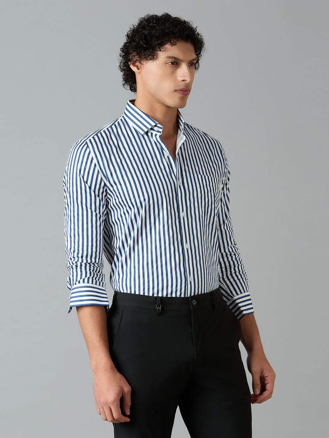 Men's Slim-Fit Blue 100% Cotton Striped Shirt | Mark & Albert