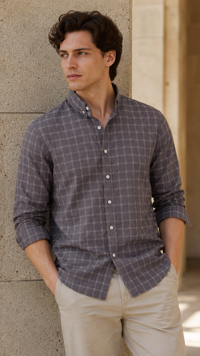 Men’s Grey Windowpane Check Cotton Linen Slim Fit Shirt