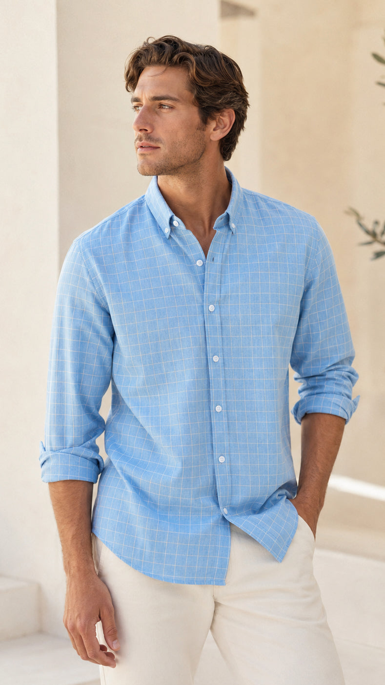 Men’s Sky Blue Windowpane Check Cotton Linen Slim Fit Shirt