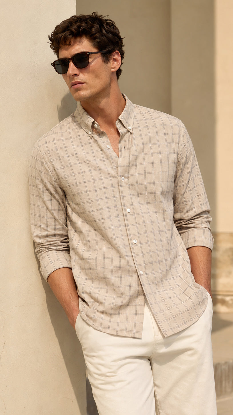 Men’s Beige Windowpane Check Cotton Linen Slim Fit Shirt