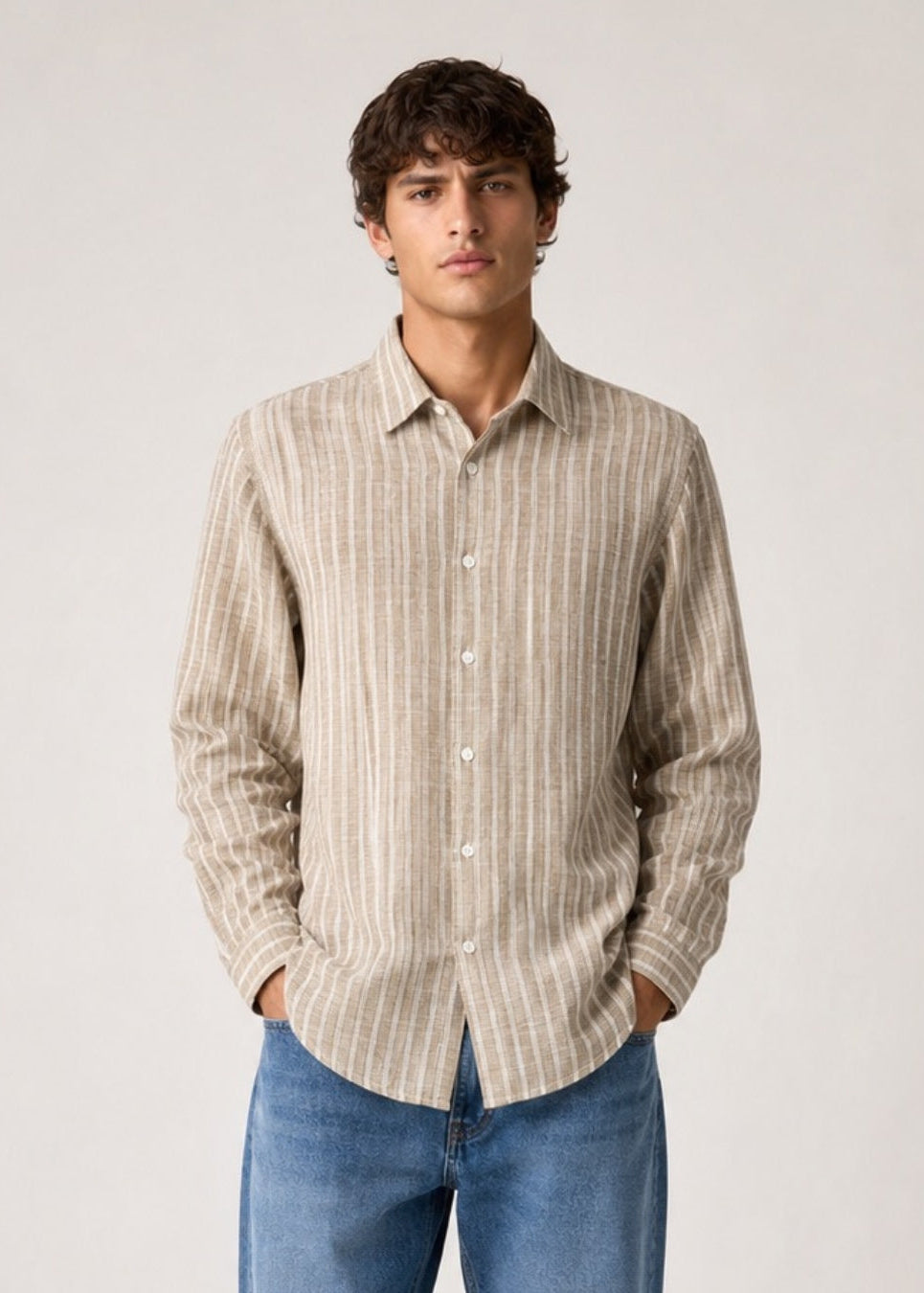 Men's Beige Striped Cotton Linen Slim Fit Casual Shirt | Mark & Albert