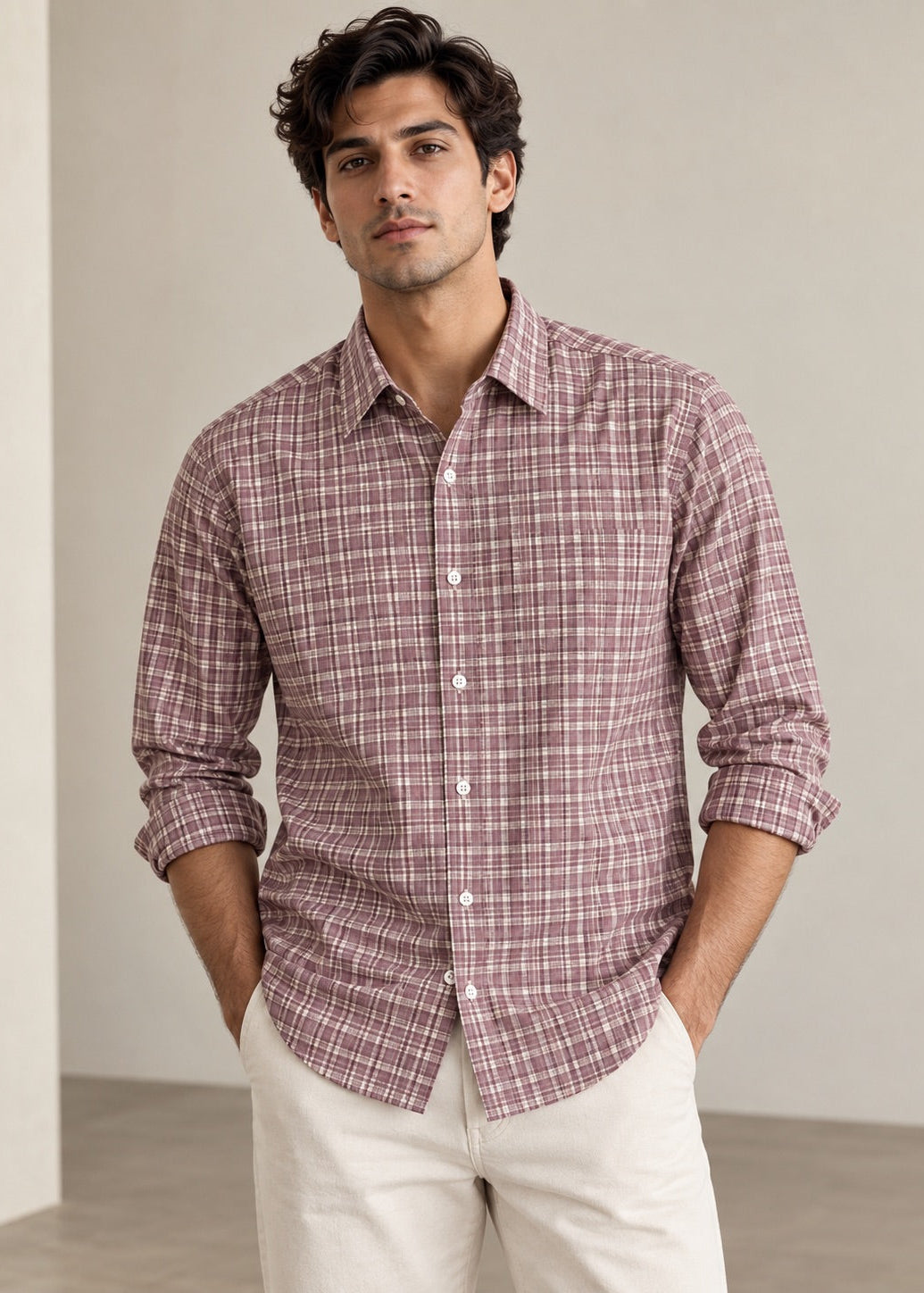 Men's Pink Checks Cotton Linen Slim Fit Casual Shirt | MARK & ALBERT