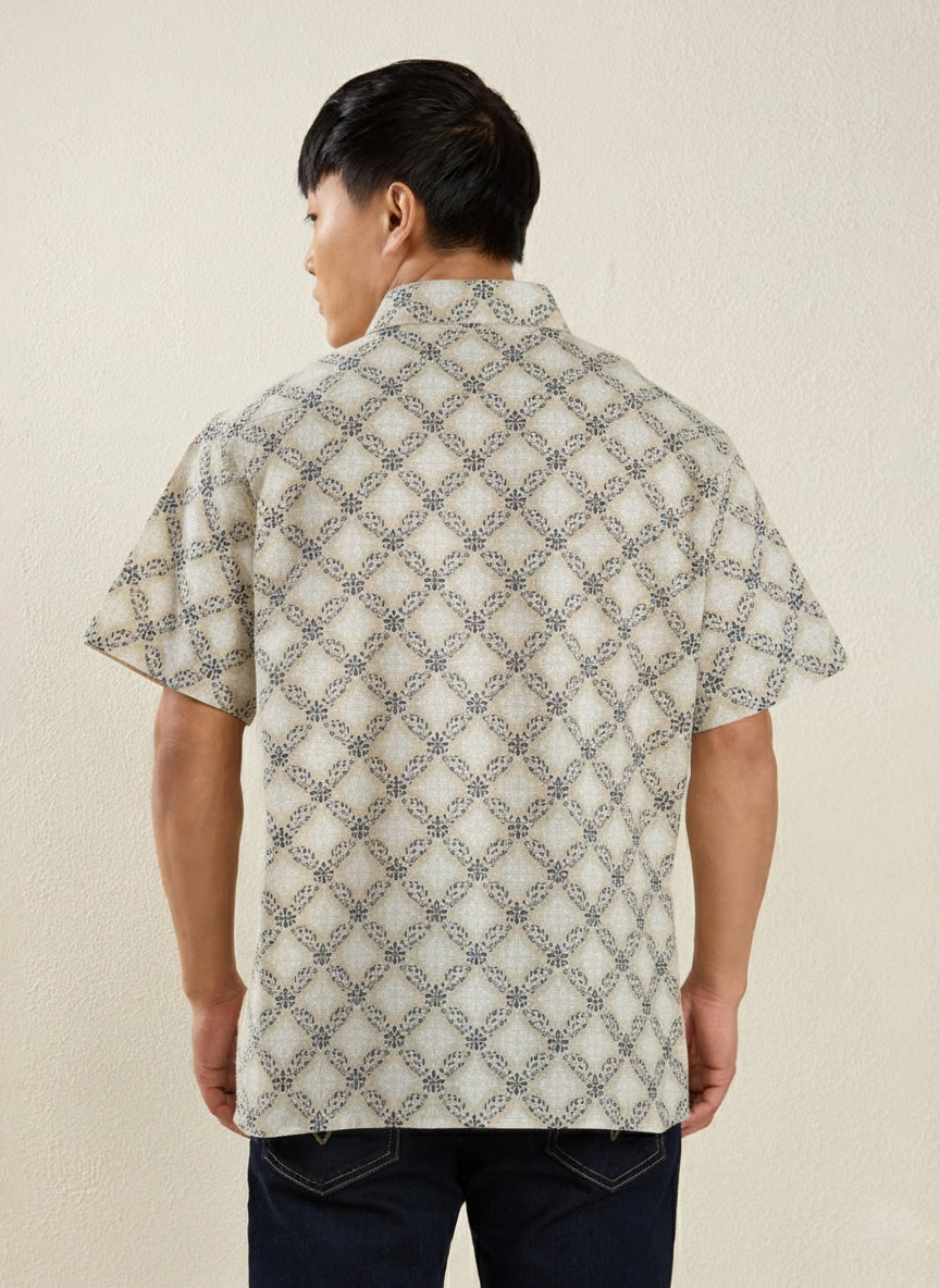 Men's Regular Fit Half Sleeve Geometric Check Linen Shirt