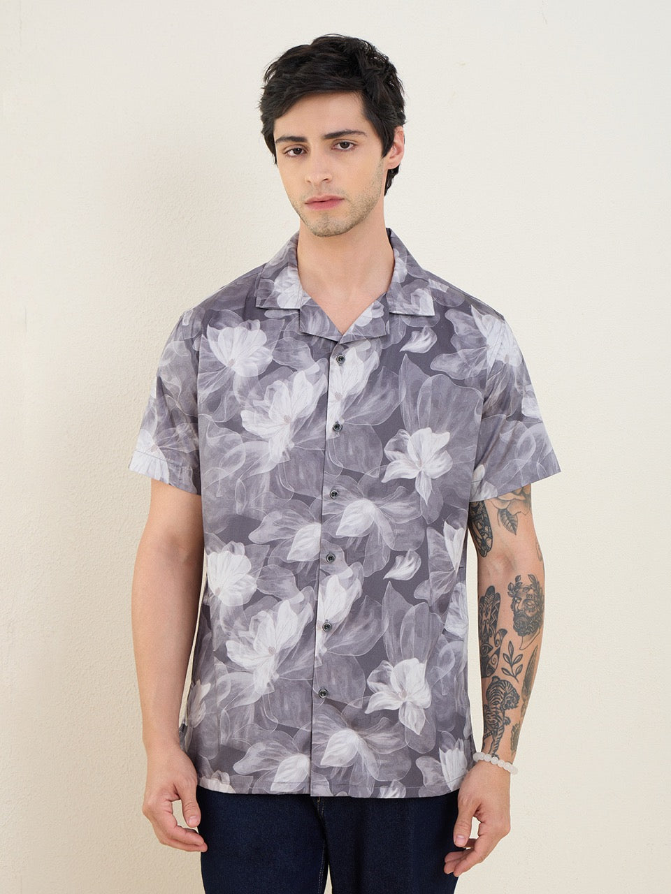 Men's Grey Floral Print 100% Cotton Cuban Collar Regular Fit Casual Shirt | MARK & ALBERT