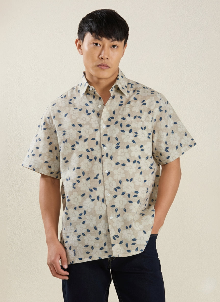 Men's Regular Fit Half Sleeve Floral Linen Shirt