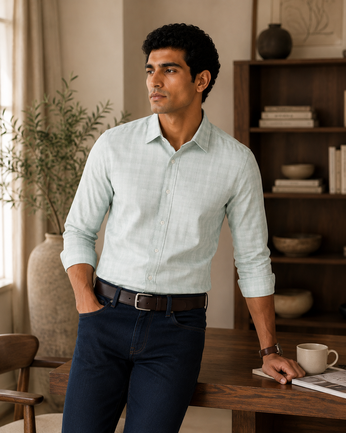 Men's Green Herringbone Check Slim Fit 100% Cotton Shirt | MARK & ALBERT