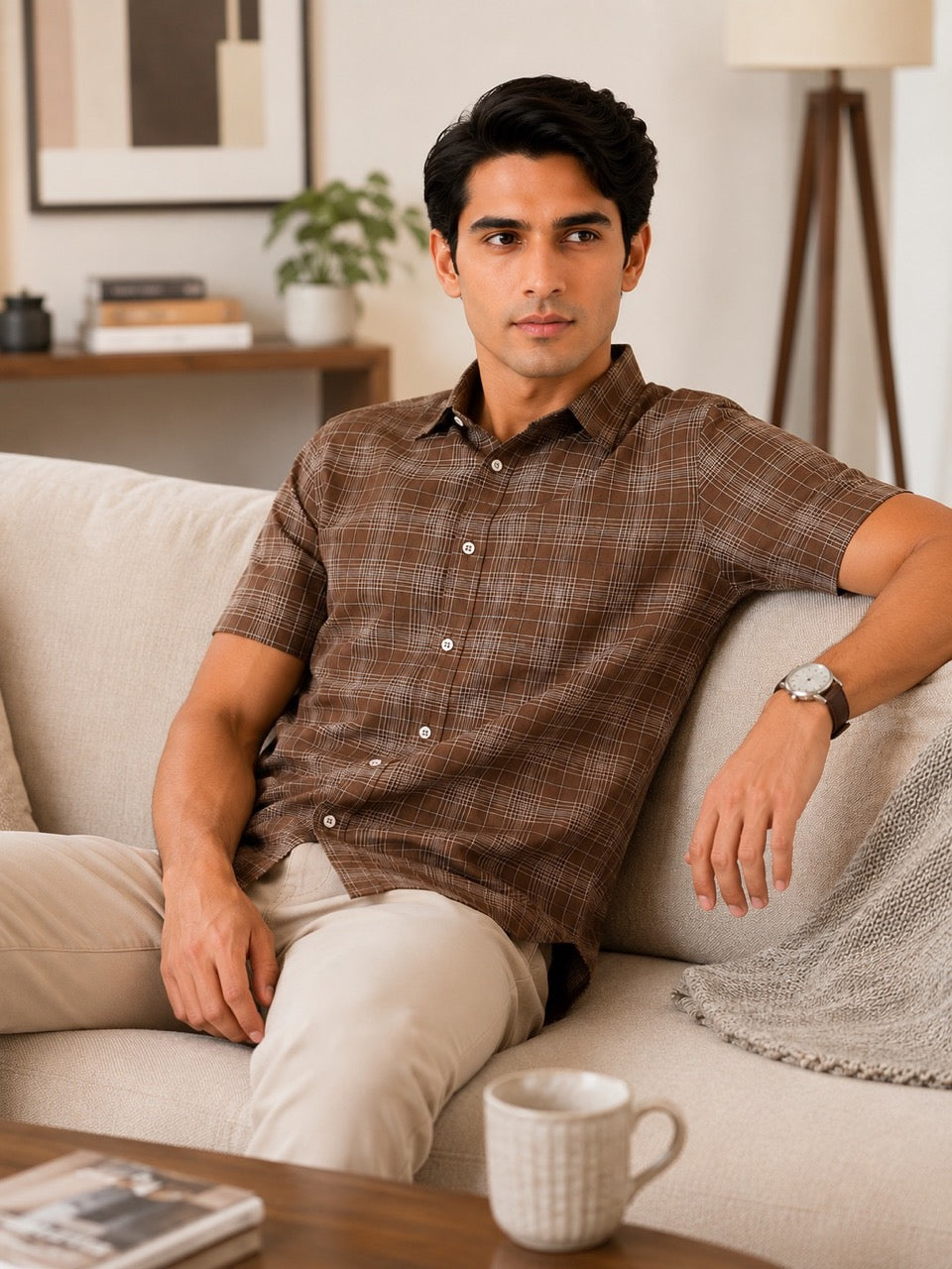 Men's Brown Check Cotton Regular Fit Half Sleeve Formal Shirt | MARK & ALBERT