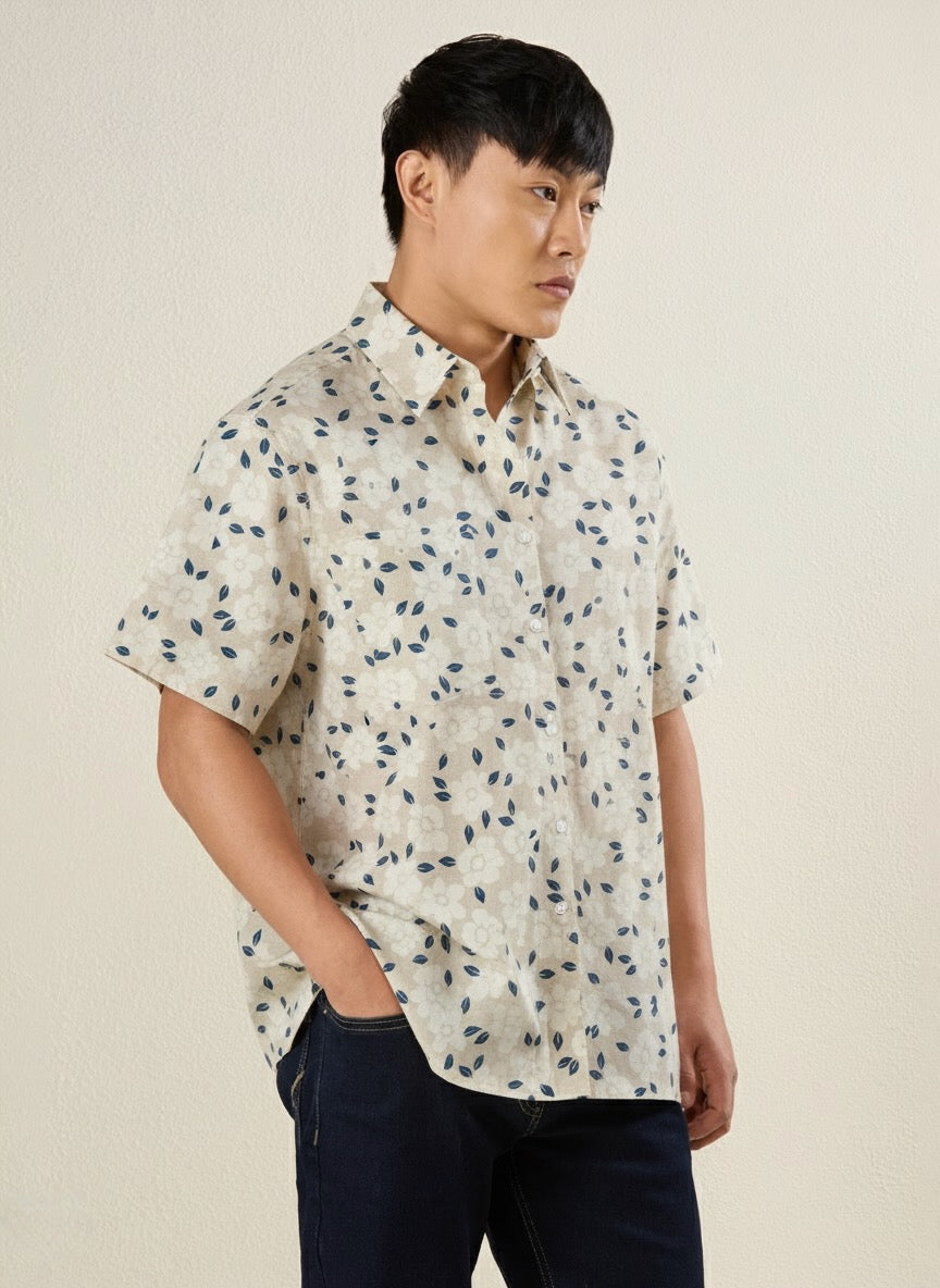 Men's Regular Fit Half Sleeve Floral Linen Shirt