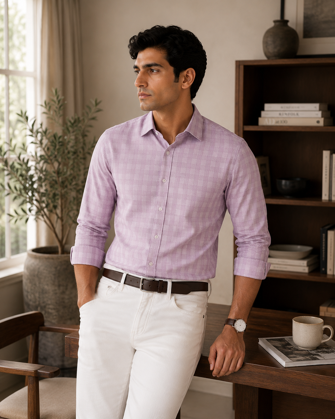 Men's Pink Herringbone Check Slim Fit 100% Cotton Shirt | MARK & ALBERT