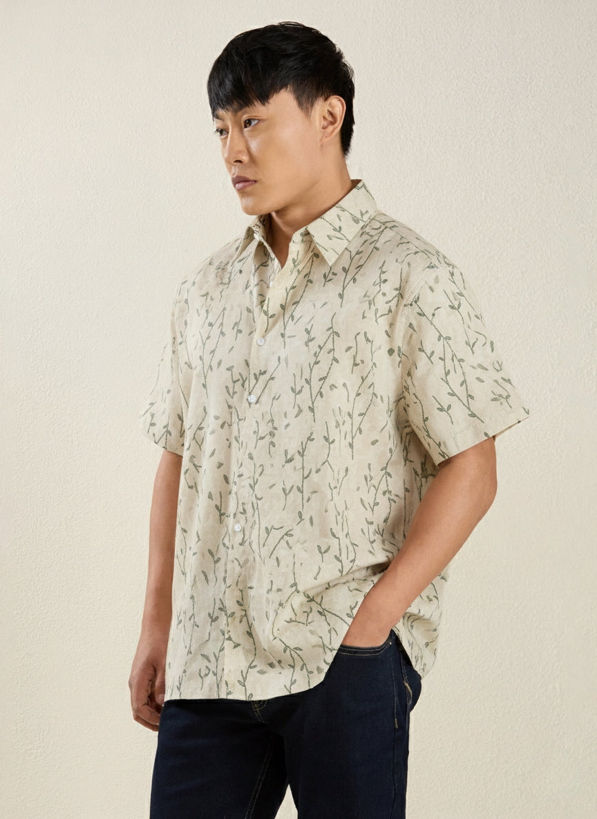 Men's Regular Fit Half Sleeve Micro-Botanical Print Shirt