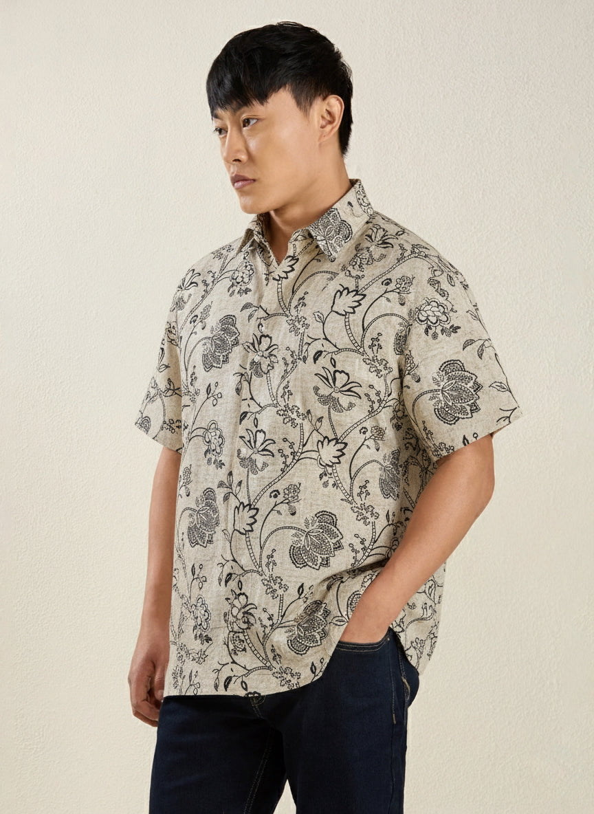 Men's Regular Fit Half Sleeve Floral Outline Linen Shirt