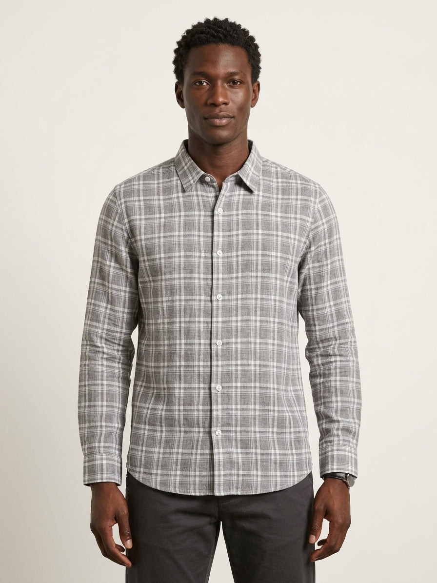 Grey Checks Cotton Linen Slim Fit Casual Shirt