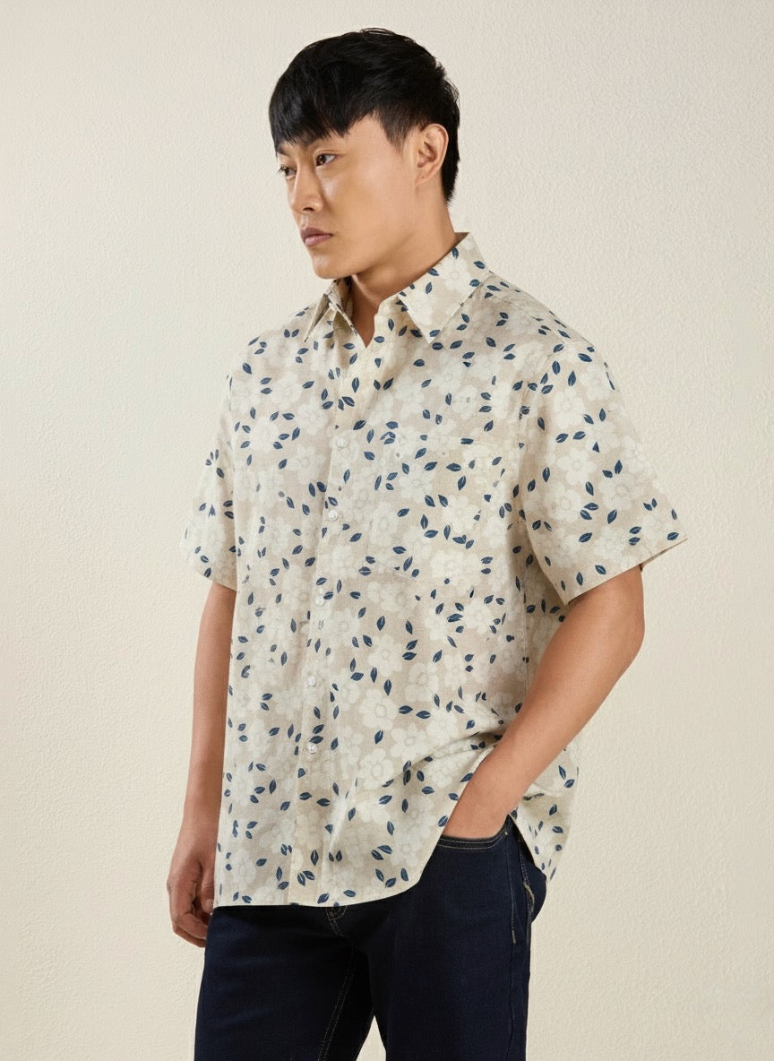 Men's Regular Fit Half Sleeve Floral Linen Shirt