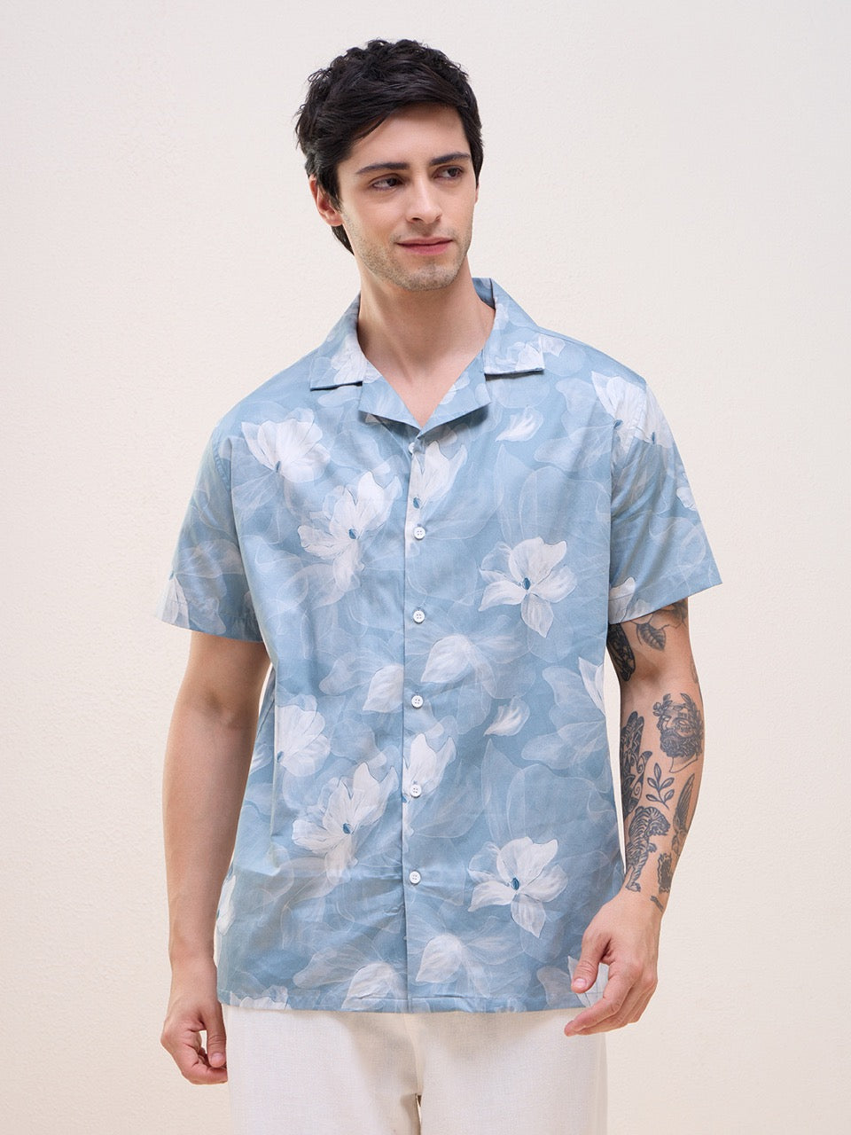 Men's Sky Blue Floral Print 100% Cotton Cuban Collar Regular Fit Casual Shirt | MARK & ALBERT
