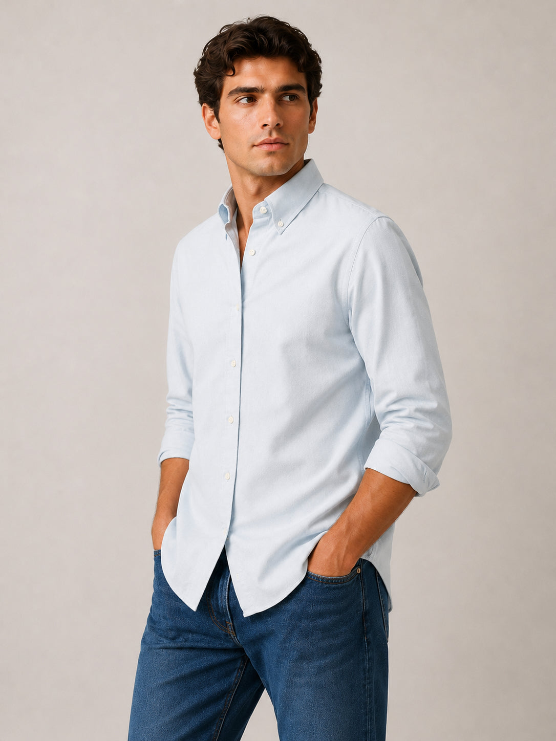 Men's Sky Blue 100% Cotton Oxford Slim Fit Button-Down Shirt | MARK & ALBERT