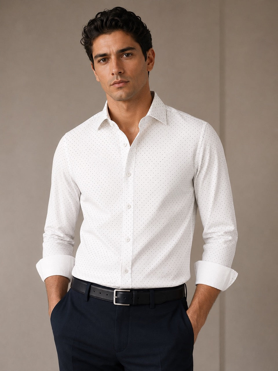 Men's White 100% Cotton Dot Print Slim Fit Formal Shirt | MARK & ALBERT