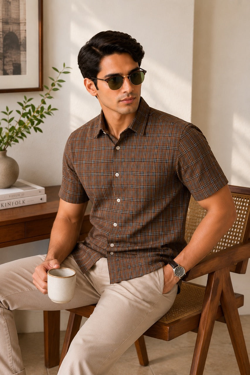 Men's Brown Checks Cotton Regular Fit Half Sleeve Formal Shirt |MARK & ALBERT
