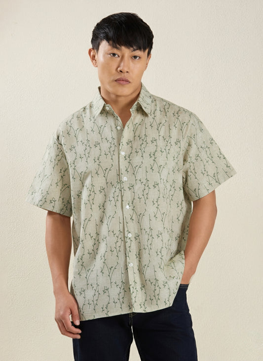 Men's Regular Fit Half Sleeve Micro-Botanical Print Shirt