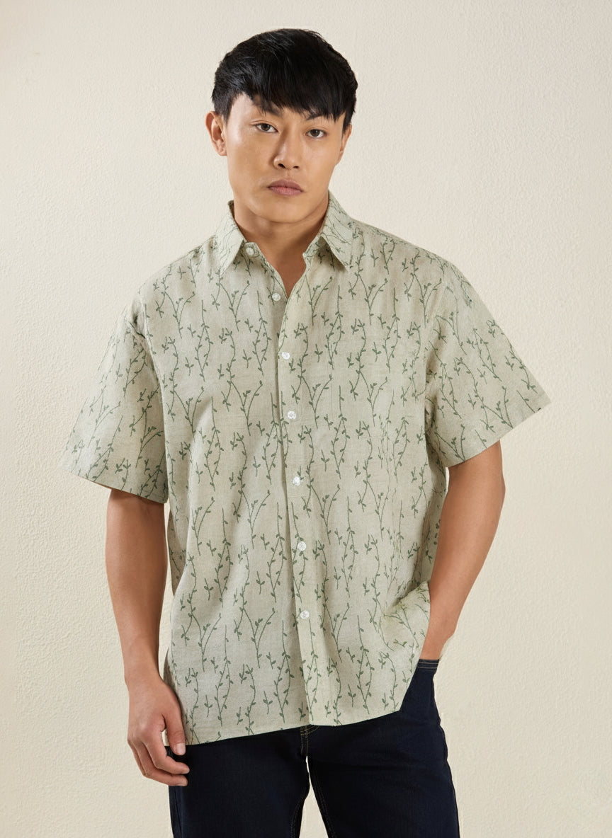 Men's Regular Fit Half Sleeve Micro-Botanical Print Shirt