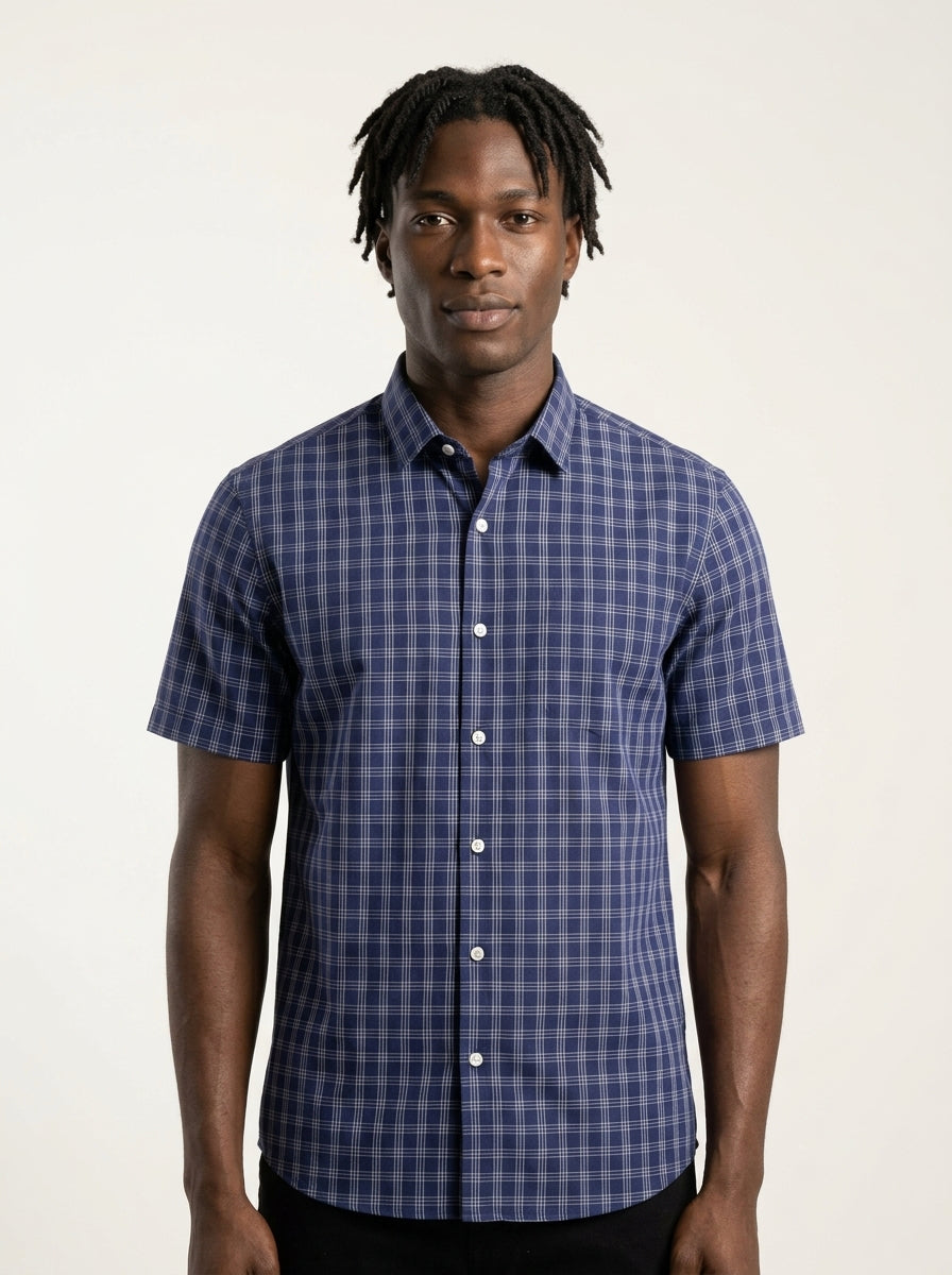 Blue Check Cotton Blend Regular Fit Half Sleeve Shirt