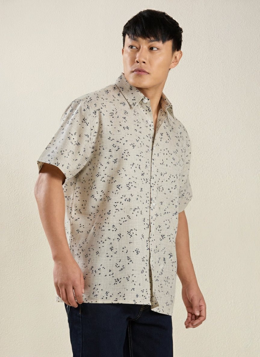 Men's Regular Fit Half Sleeve Speckle Print Linen Shirt