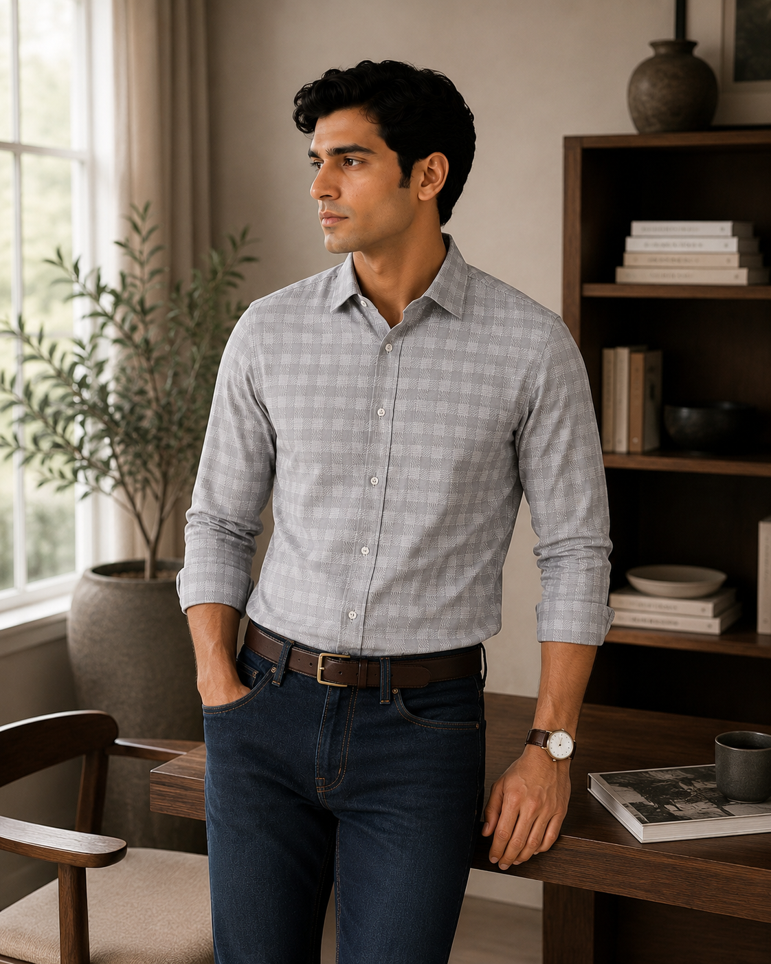 Men's Grey Herringbone Check Slim Fit 100% Cotton Shirt | MARK & ALBERT