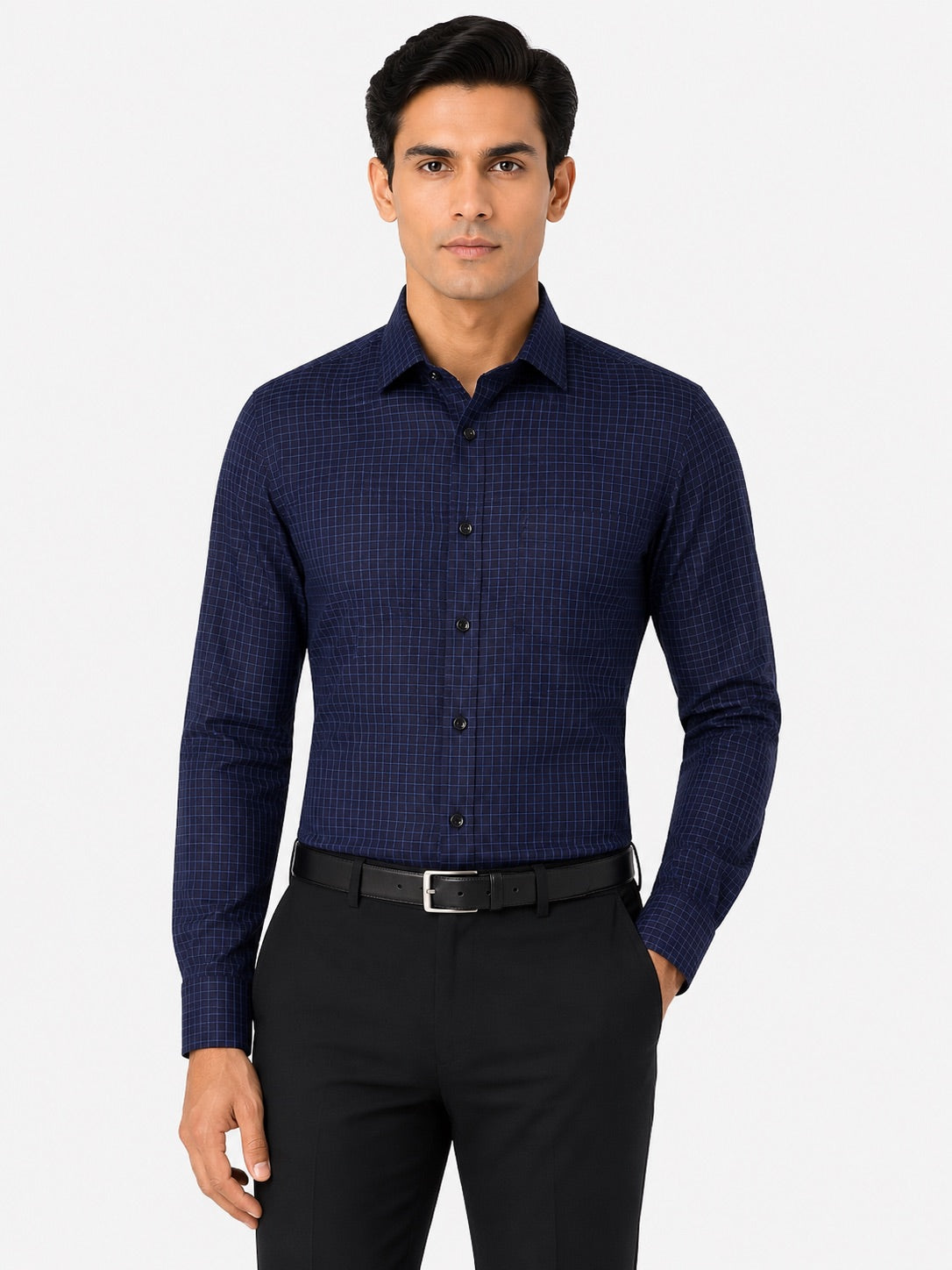 Men’s Navy Gingham Check 100% Cotton Slim Fit Formal Shirt | MARK & ALBERT