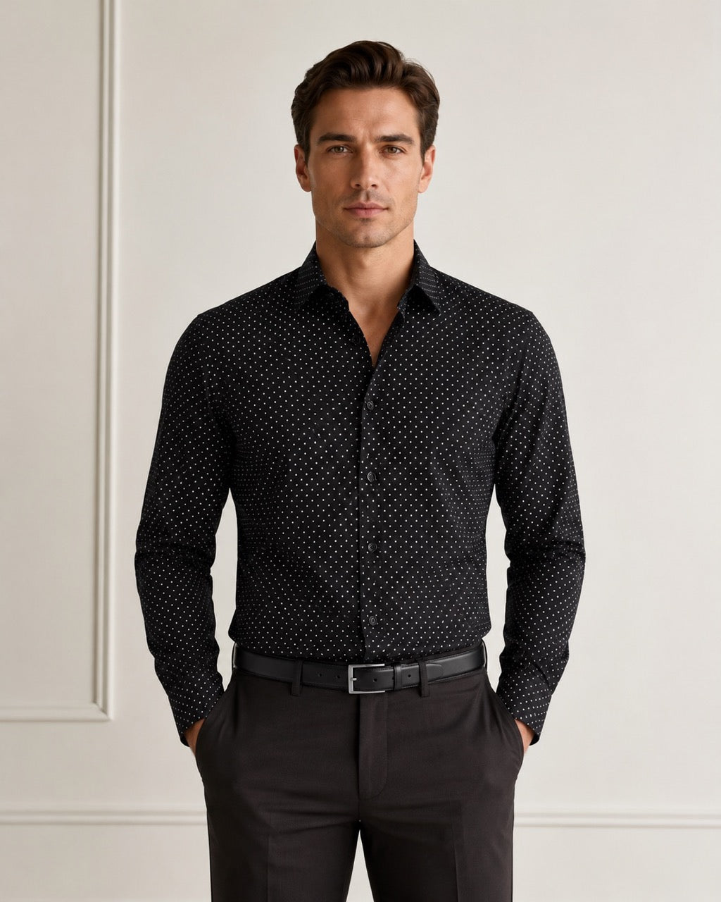 Men's Black 100% Cotton Dot Print Slim Fit Formal Shirt | MARK & ALBERT
