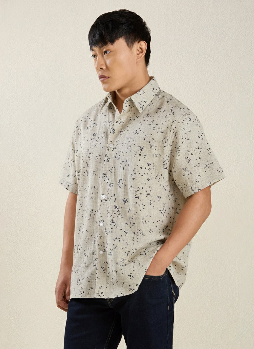 Men's Regular Fit Half Sleeve Speckle Print Linen Shirt