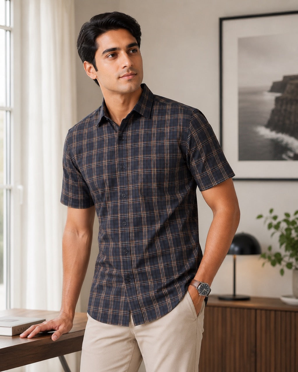 Men's Black Checks Cotton Regular Fit Half Sleeve Formal Shirt |MARK & ALBERT